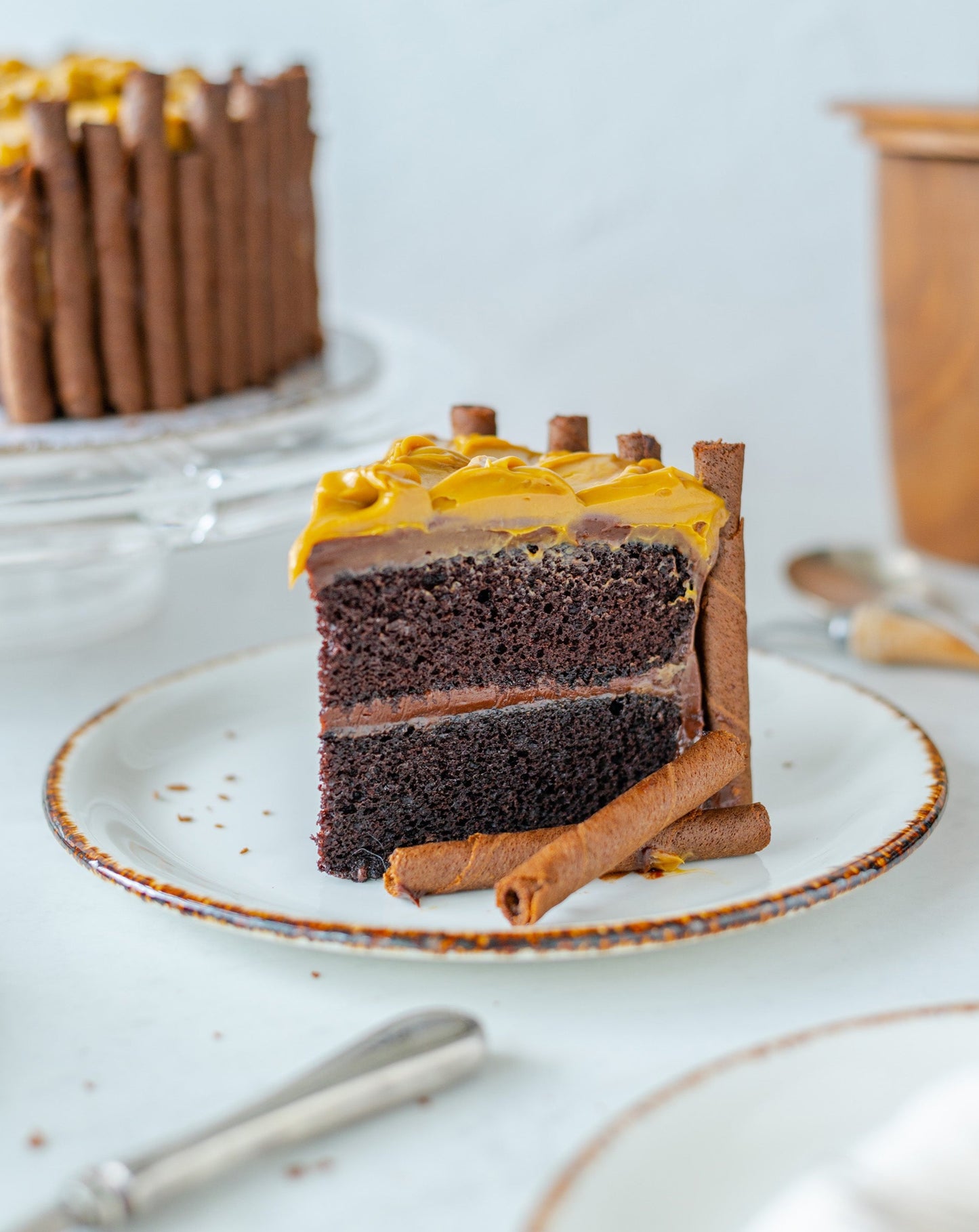 Chocolate cake, chocolate ganache, chocolate wafers, caramel frosting