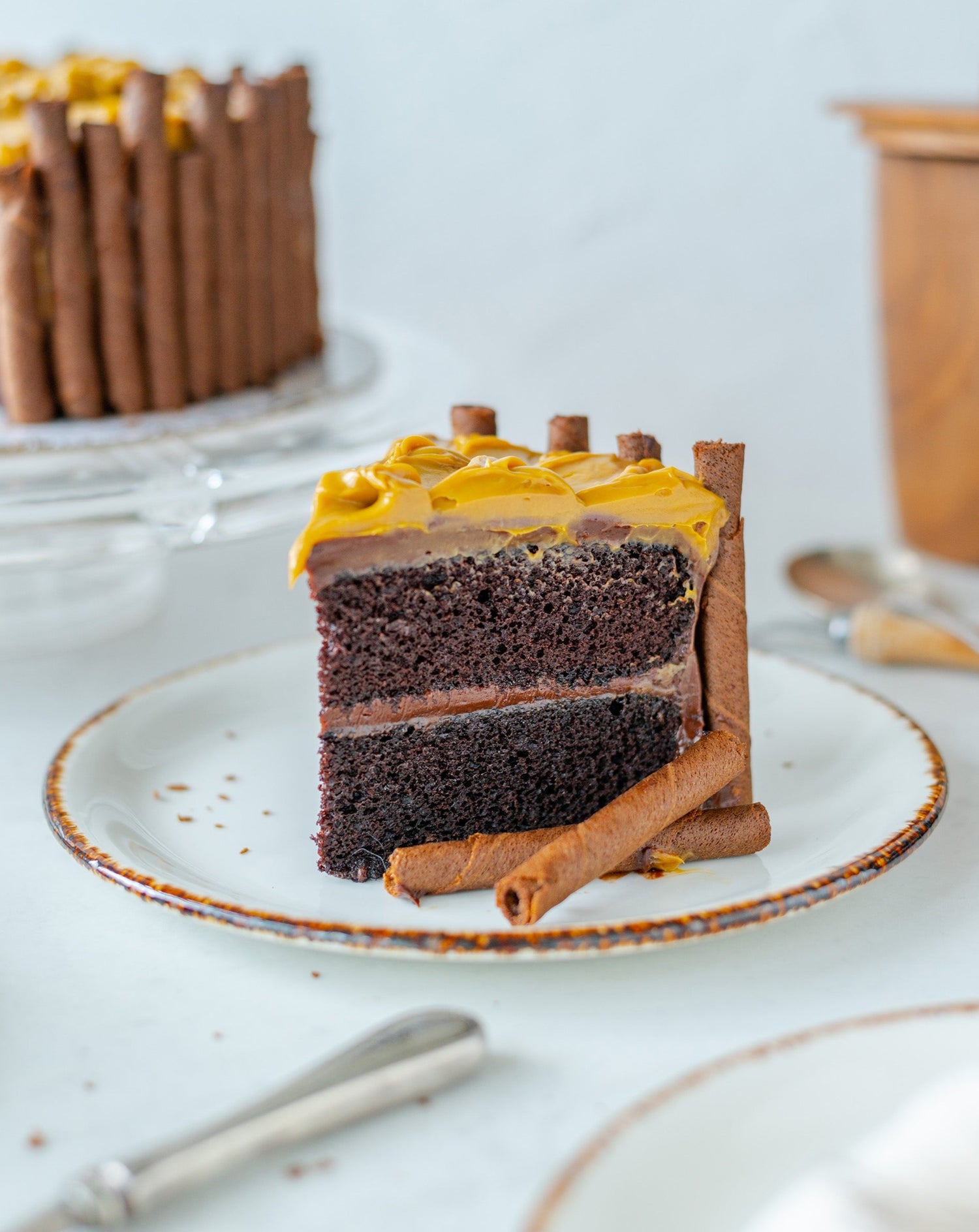 Chocolate cake, chocolate ganache, chocolate wafers, caramel frosting