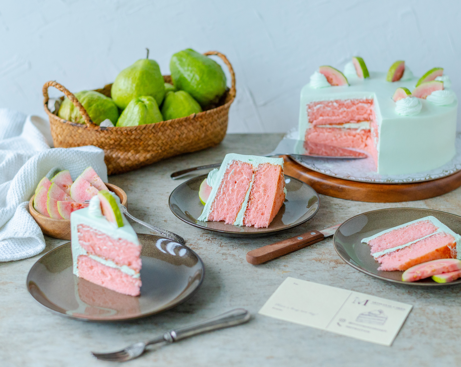 Chiffon cake, guava jam, buttercream frosting, fresh guava slices