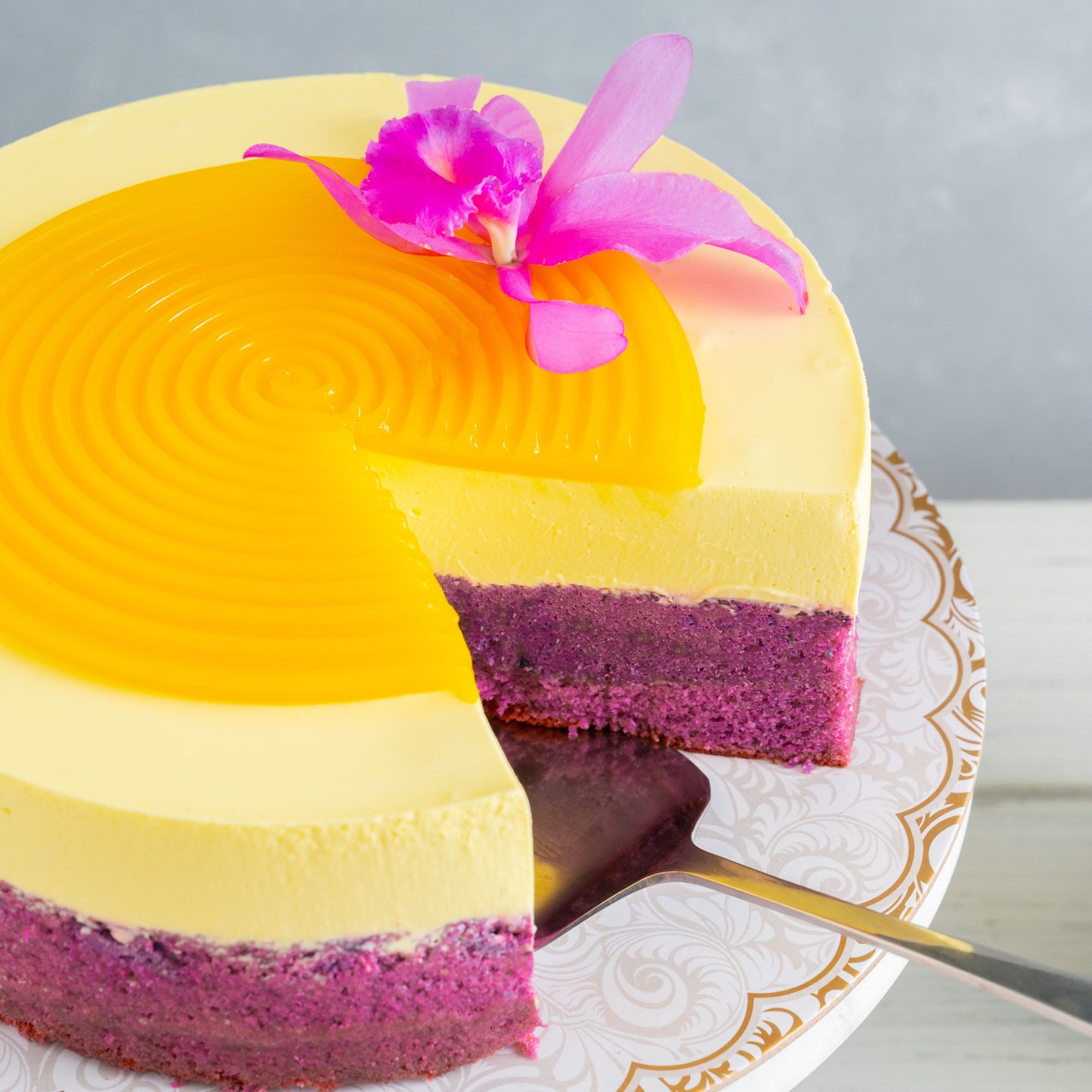 Passion Fruit and Blueberry Mousse Cake