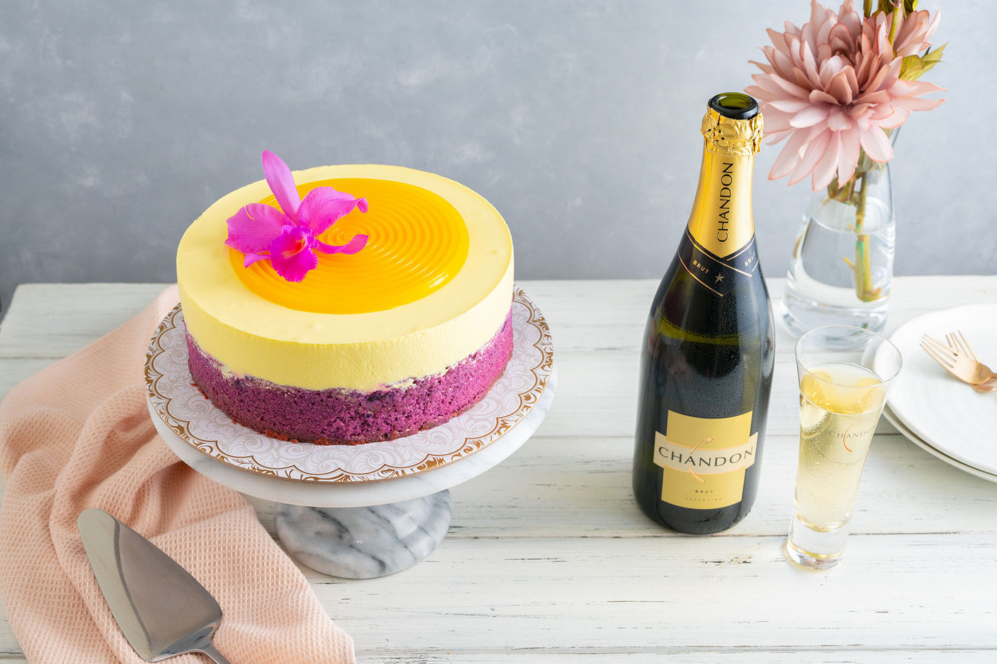 Passionfruit and Blueberry Mousse Cake with a Bottle of Chandon - Brut
